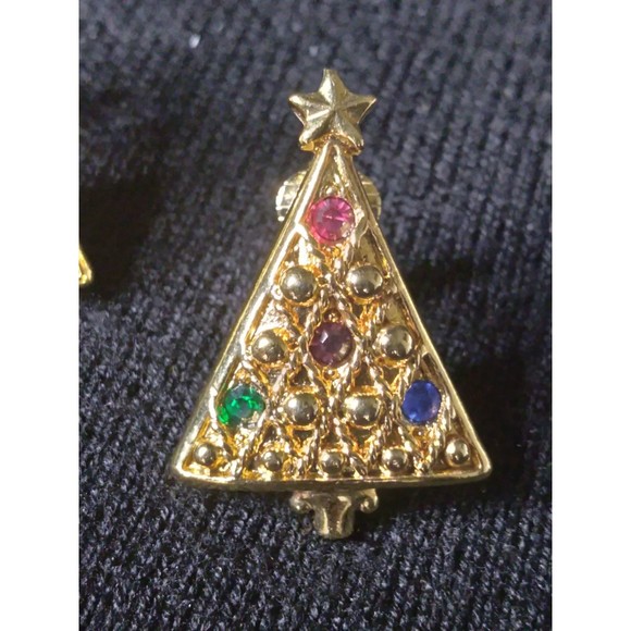 Vintage Gold Tone Rhinestones Christmas Tree Clip On Earrings Star on Top - Picture 6 of 7